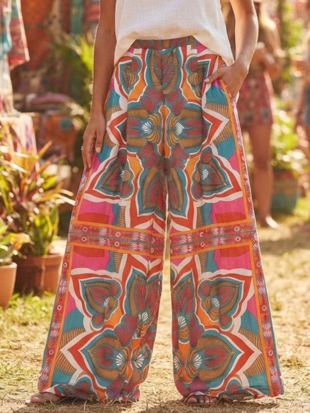 A.Peach Bold Resortwear Wide-Leg Palazzo Pants XL x 29 Colorful Boho Maximalist